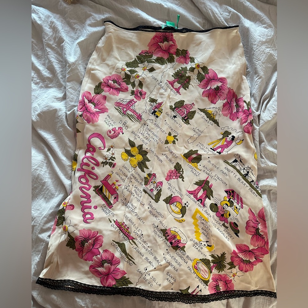 Tibi Pink and Cream California Map Printed Silk Midi Skirt